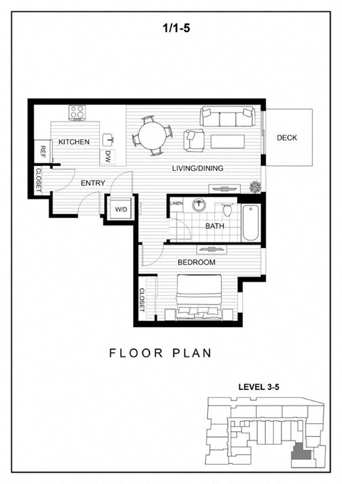 Floor plan for 1 bed, 1 bath, 792 sqft